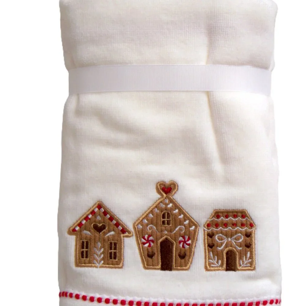 Set of 2 Soft Caro Christmas Gingerbread Themed Hand Towels Cotton NWT
